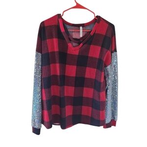 Now And Forever Red and Black Plaid Sweater with Sequin Sleeves